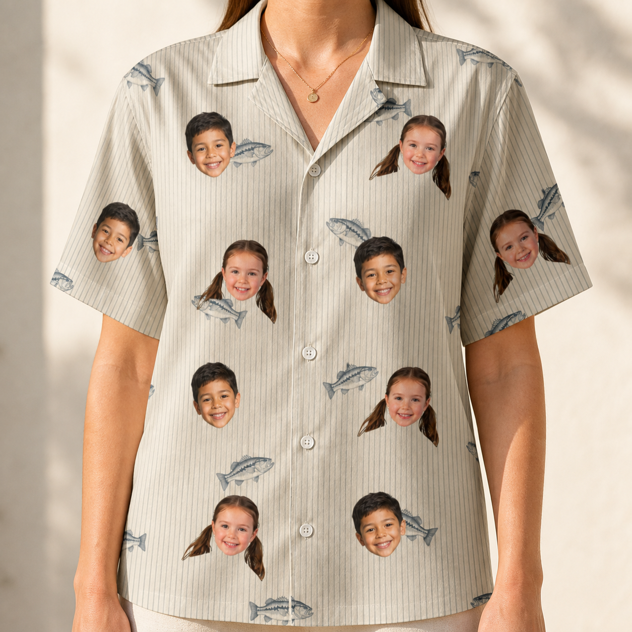 Model wearing Women's Lunker Lunacy Custom Face Hawaiian Shirt printed with kids' faces