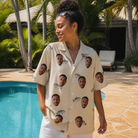 Real-life photo of someone wearing Women's Lunker Lunacy Custom Face Hawaiian Shirt — custom faces printed all-over