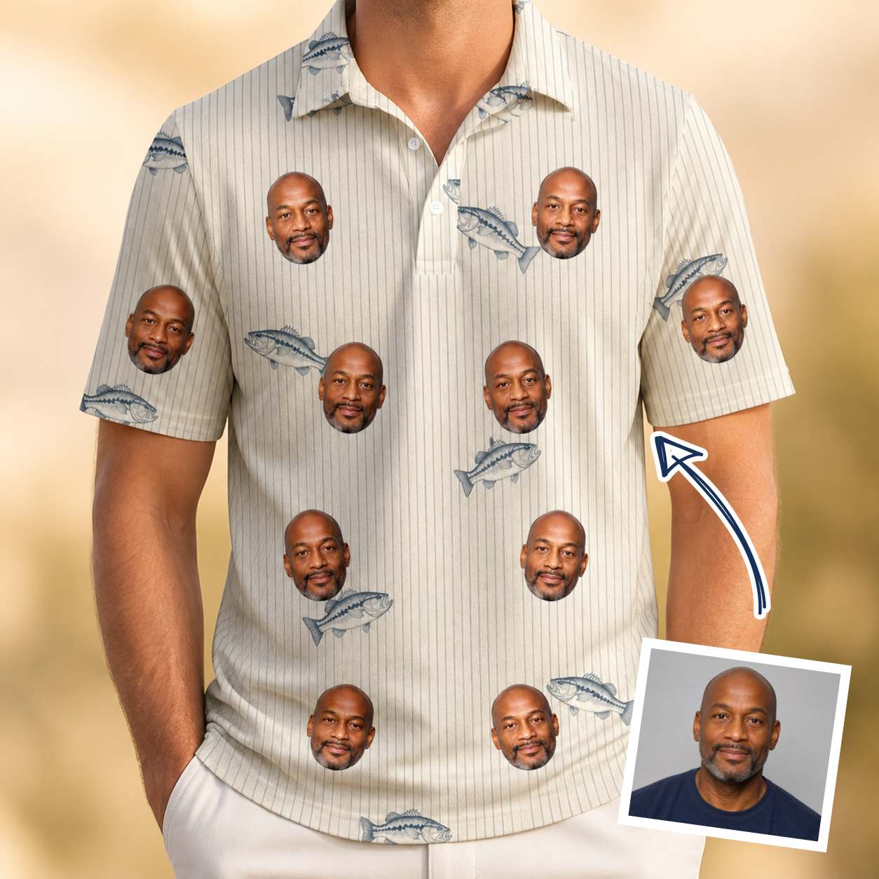 Man wearing Men's Lunker Lunacy Custom Face Polo Shirt — custom faces printed all-over
