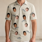 Model wearing Men's Lunker Lunacy Custom Face Polo Shirt printed with kids' faces