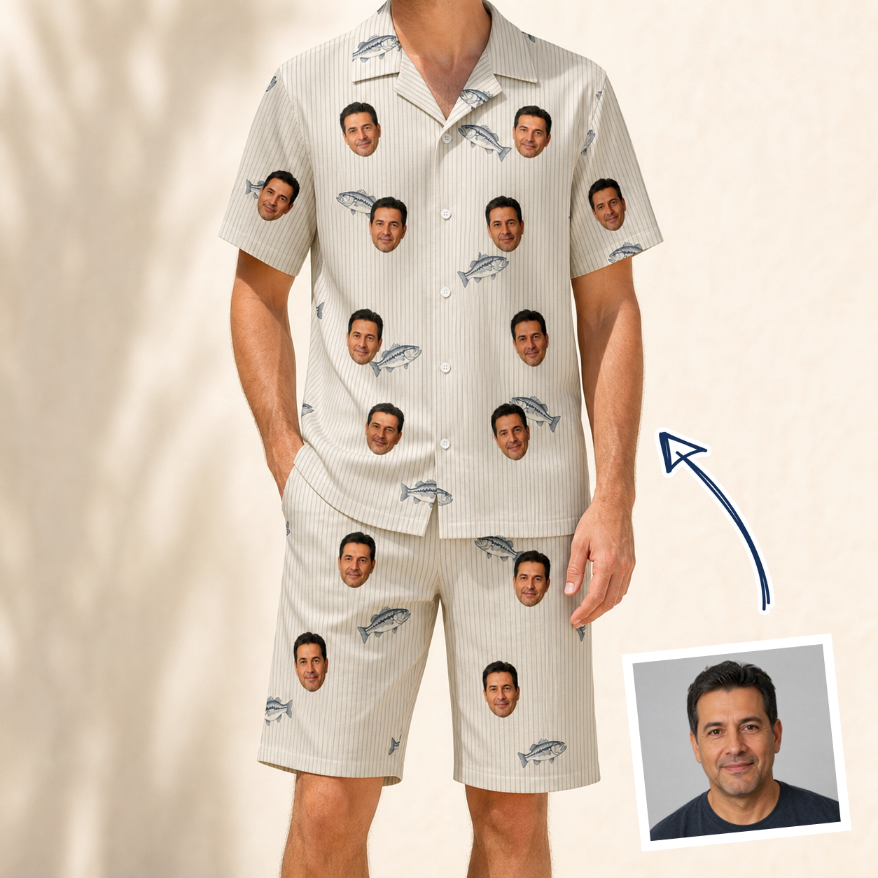 Man wearing Men's Lunker Lunacy Custom Face Shirt & Shorts Set — custom faces printed all-over