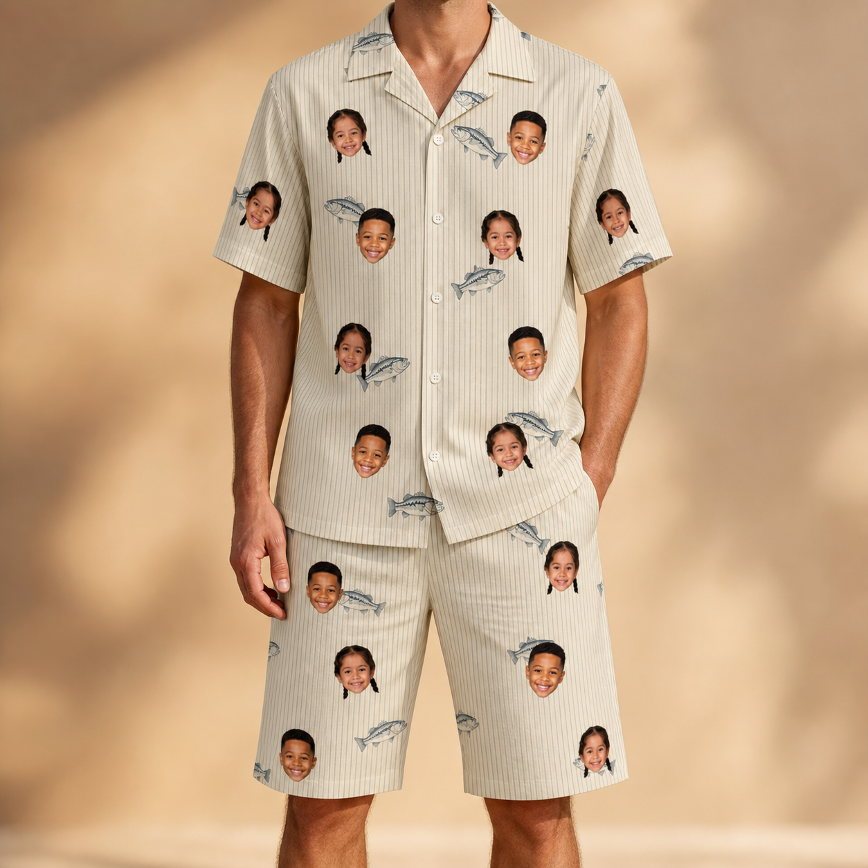 Model wearing Men's Lunker Lunacy Custom Face Shirt & Shorts Set printed with kids' faces