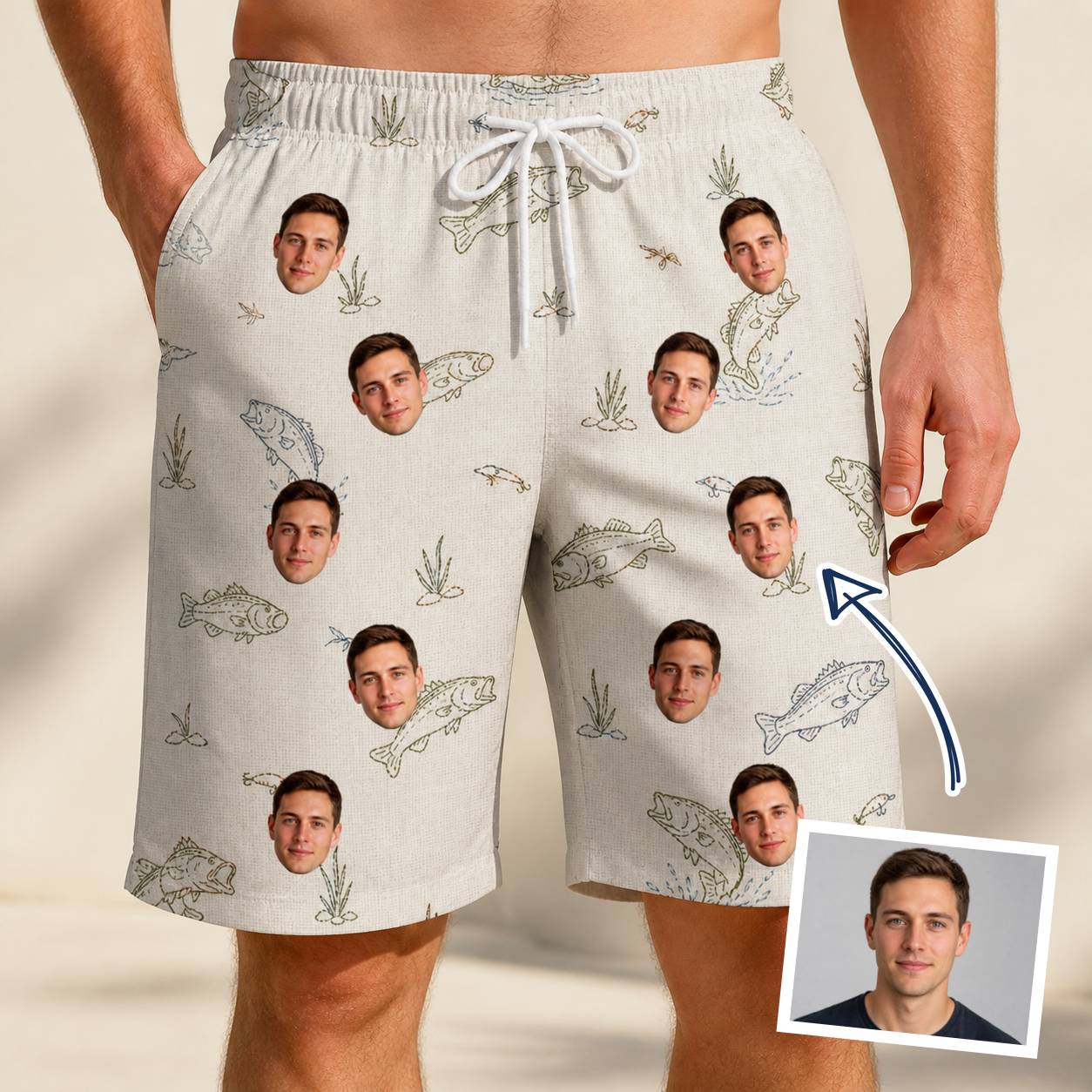 Man wearing Men's Bass Bash Custom Face Beach Shorts — custom faces printed all-over