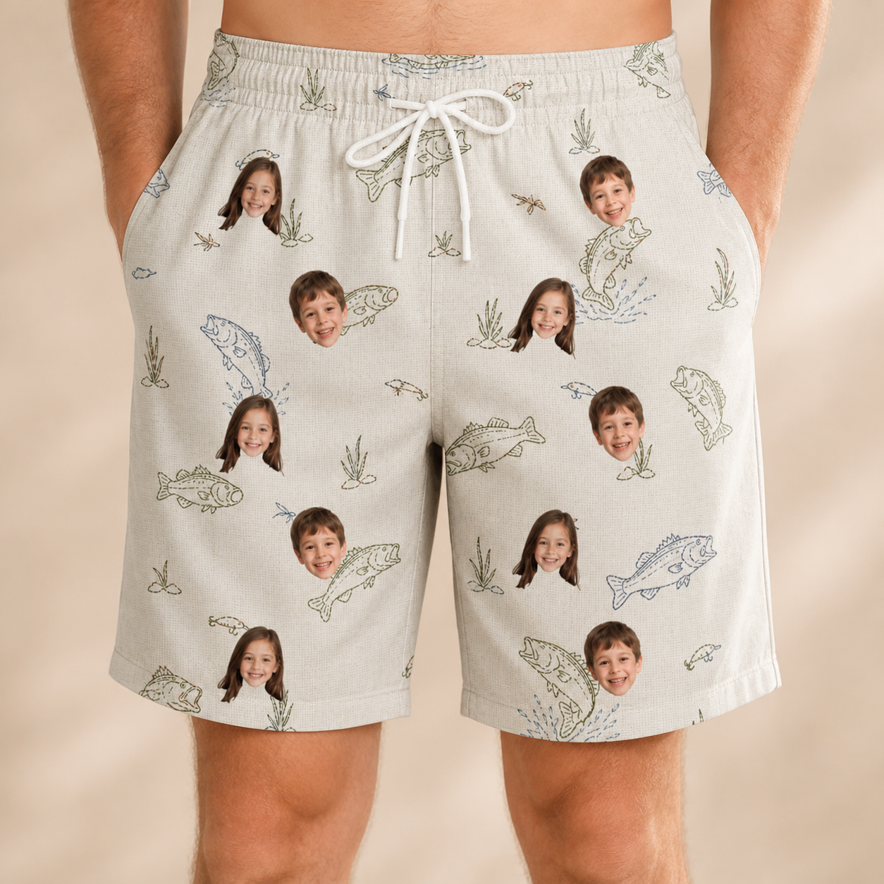 Model wearing Men's Bass Bash Custom Face Beach Shorts printed with kids' faces