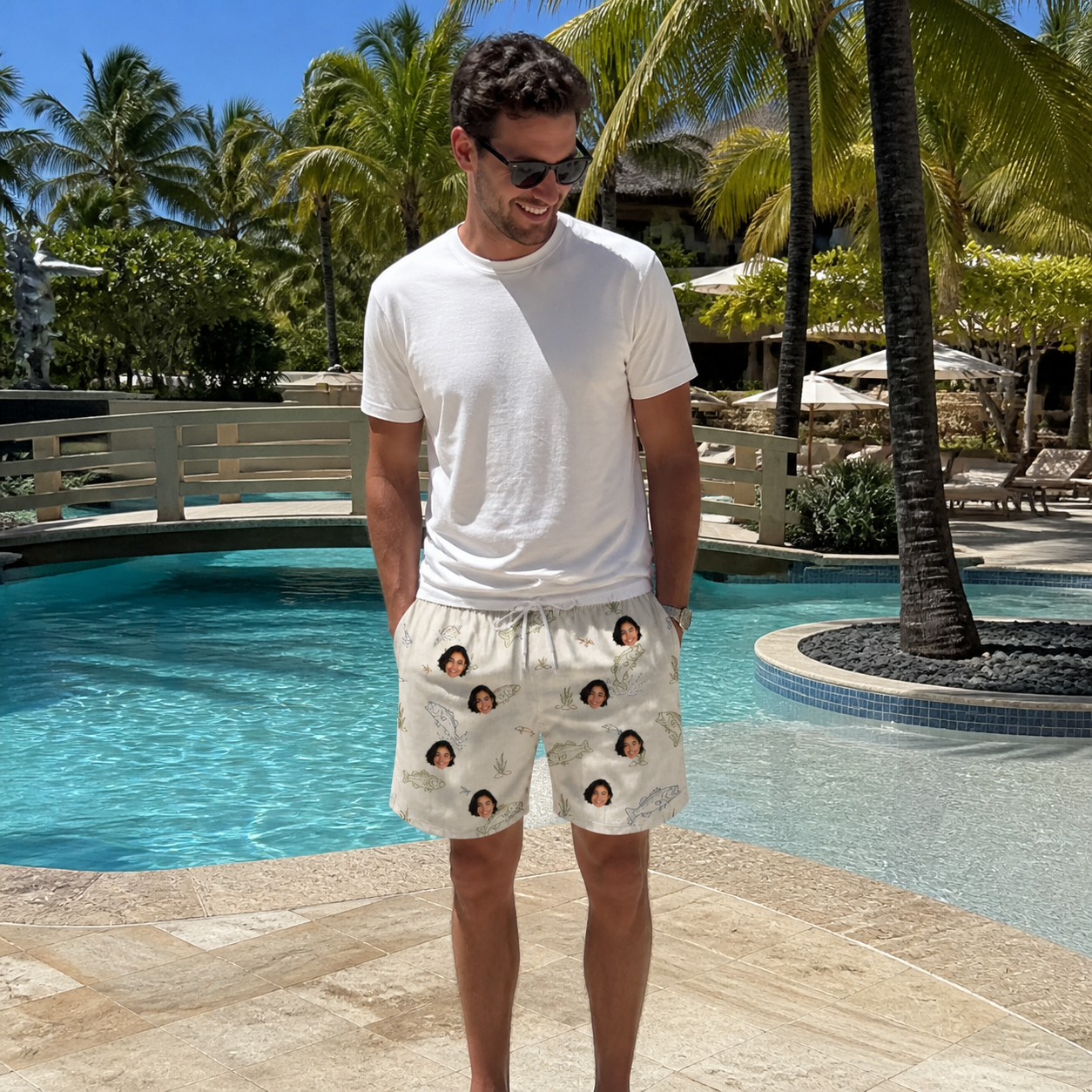 Real-life photo of someone wearing Men's Bass Bash Custom Face Beach Shorts — custom faces printed all-over