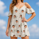 Model wearing Women's Bass Bash Custom Face Off-Shoulder Dress printed with kids' faces