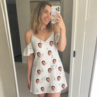 Real-life photo of someone wearing Women's Bass Bash Custom Face Off-Shoulder Dress — custom faces printed all-over