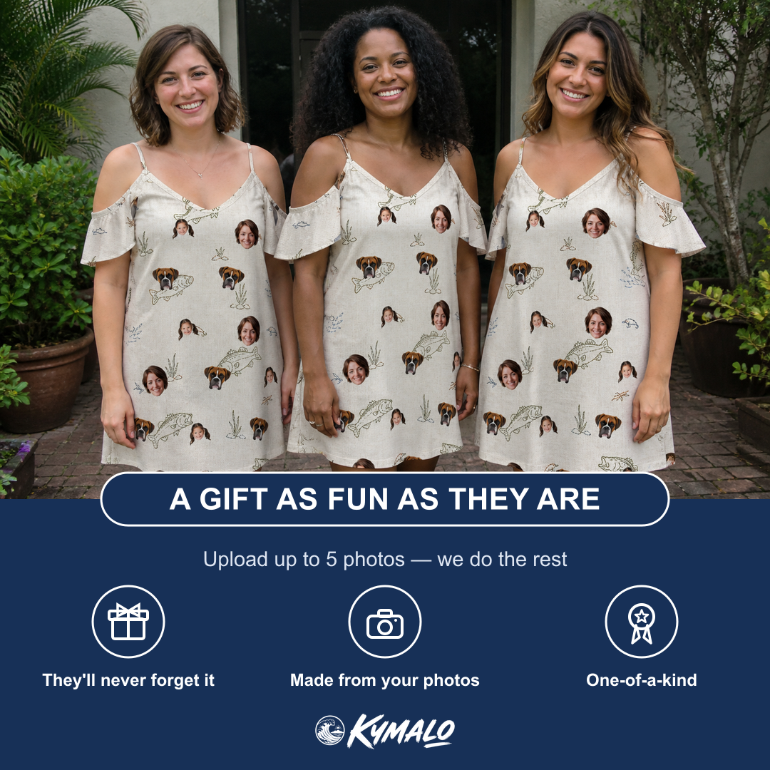 Friends in matching Women's Bass Bash Custom Face Off-Shoulder Dress — a group gift photo