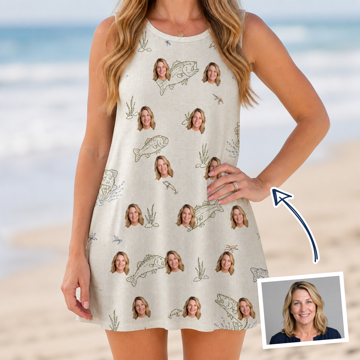 Woman wearing Women's Bass Bash Custom Face Tank Dress — custom faces printed all-over