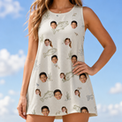 Model wearing Women's Bass Bash Custom Face Tank Dress printed with kids' faces