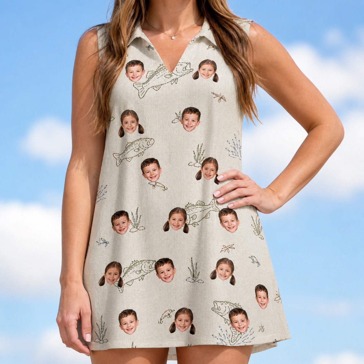 Model wearing Women's Bass Bash Custom Face V-Neck Dress printed with kids' faces