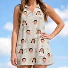 Model wearing Women's Bass Bash Custom Face V-Neck Dress printed with kids' faces