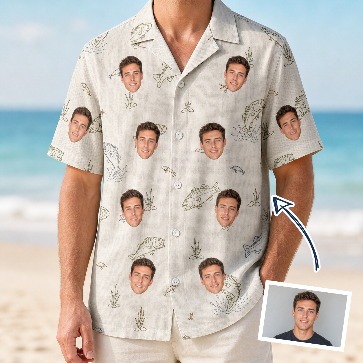 Man wearing Men's Bass Bash Custom Face Hawaiian Shirt — custom faces printed all-over