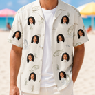 Man wearing Men's Bass Bash Custom Face Hawaiian Shirt open over a white tee