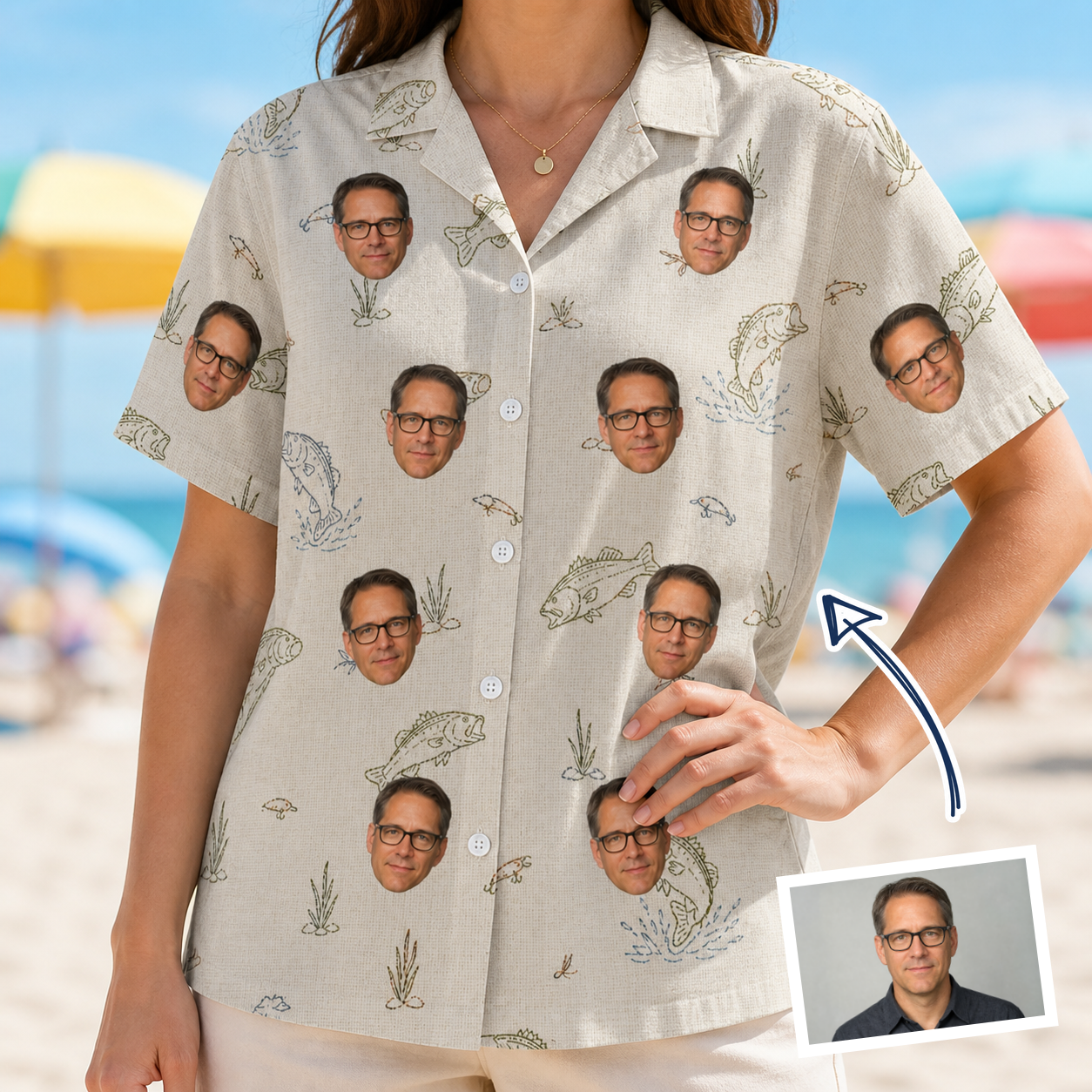Woman wearing Women's Bass Bash Custom Face Hawaiian Shirt — custom faces printed all-over