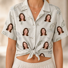 Woman wearing Women's Bass Bash Custom Face Hawaiian Shirt tied at the waist
