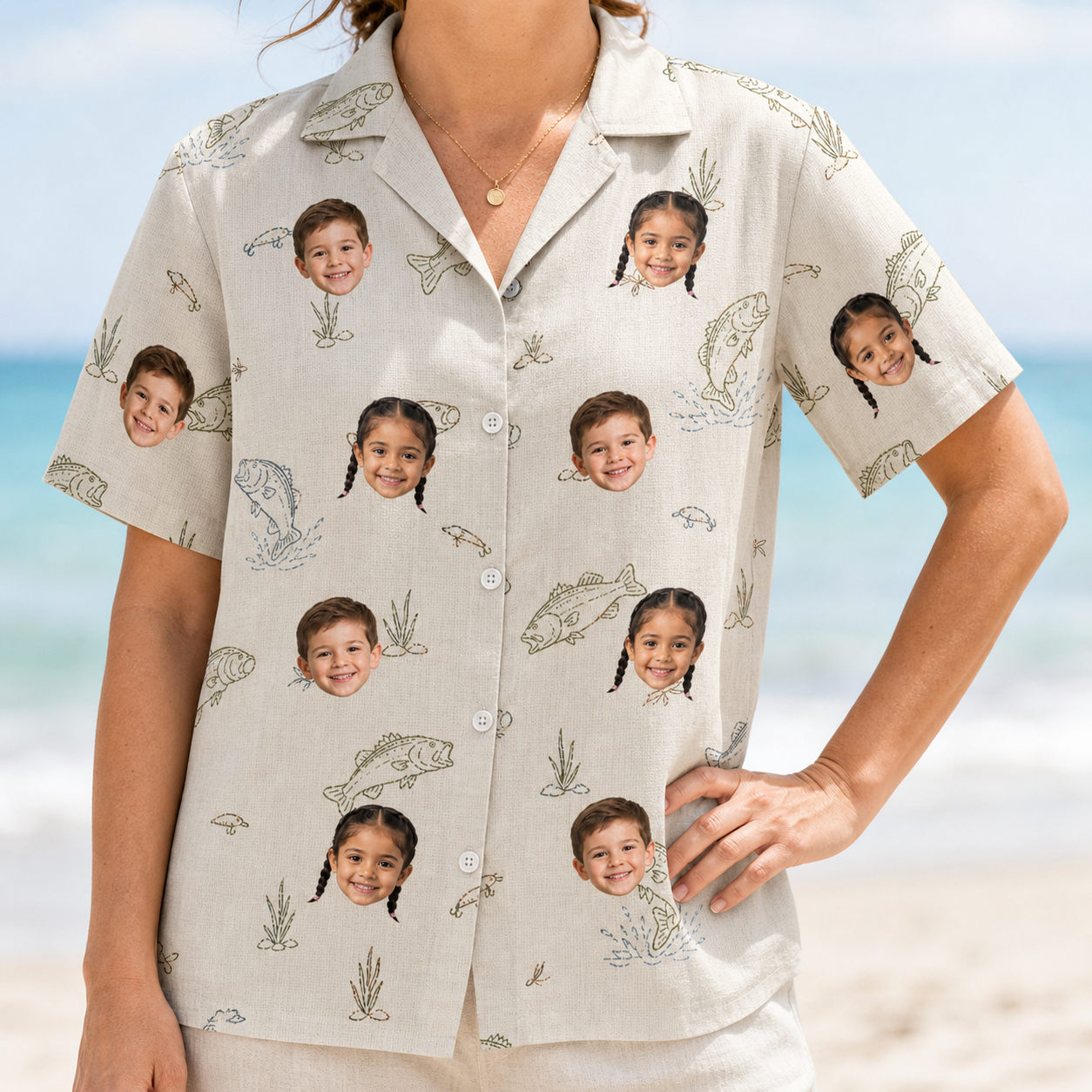 Model wearing Women's Bass Bash Custom Face Hawaiian Shirt printed with kids' faces