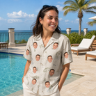 Real-life photo of someone wearing Women's Bass Bash Custom Face Hawaiian Shirt — custom faces printed all-over