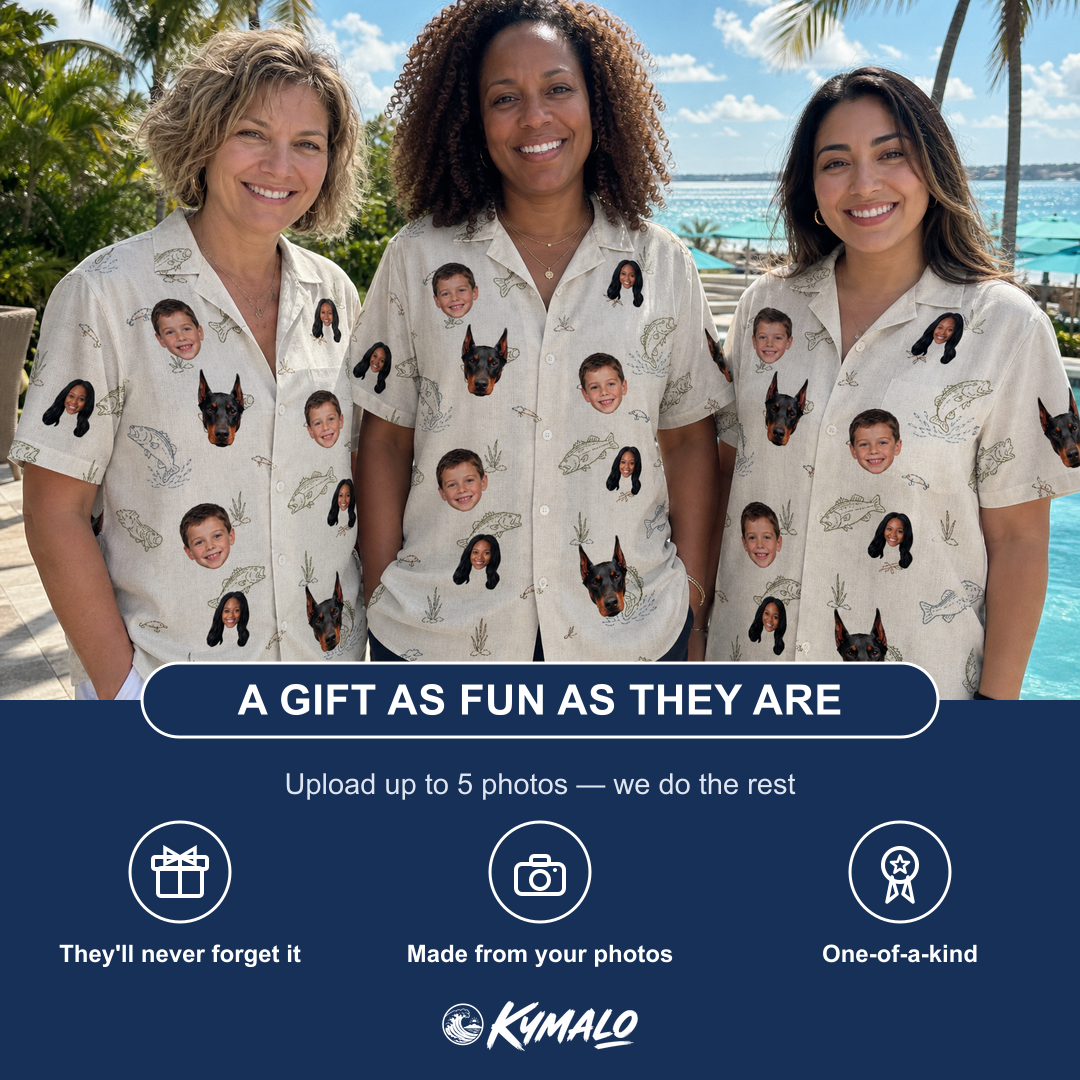 Friends in matching Women's Bass Bash Custom Face Hawaiian Shirt — a group gift photo