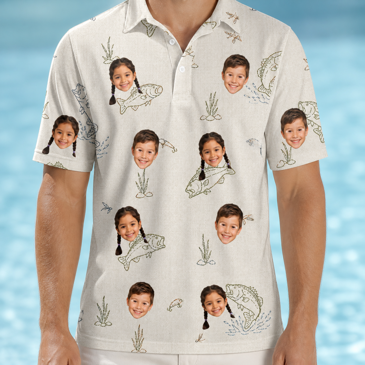 Model wearing Men's Bass Bash Custom Face Polo Shirt printed with kids' faces