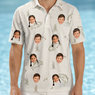 Model wearing Men's Bass Bash Custom Face Polo Shirt printed with kids' faces