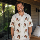 Real-life photo of someone wearing Men's Bass Bash Custom Face Polo Shirt — custom faces printed all-over