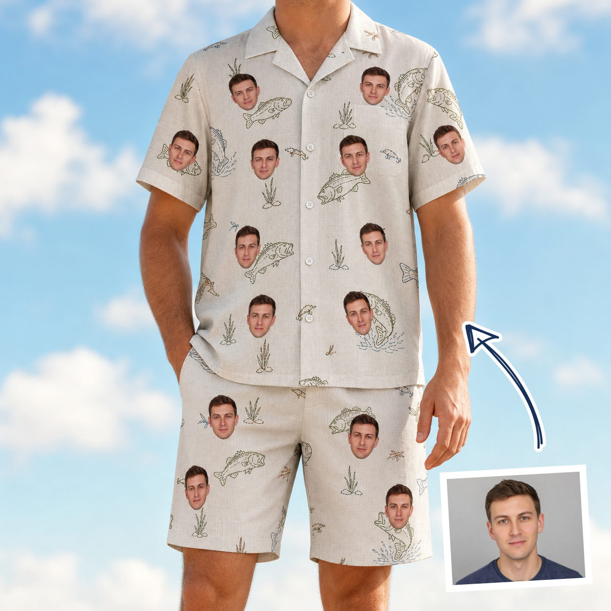 Man wearing Men's Bass Bash Custom Face Shirt & Shorts Set — custom faces printed all-over
