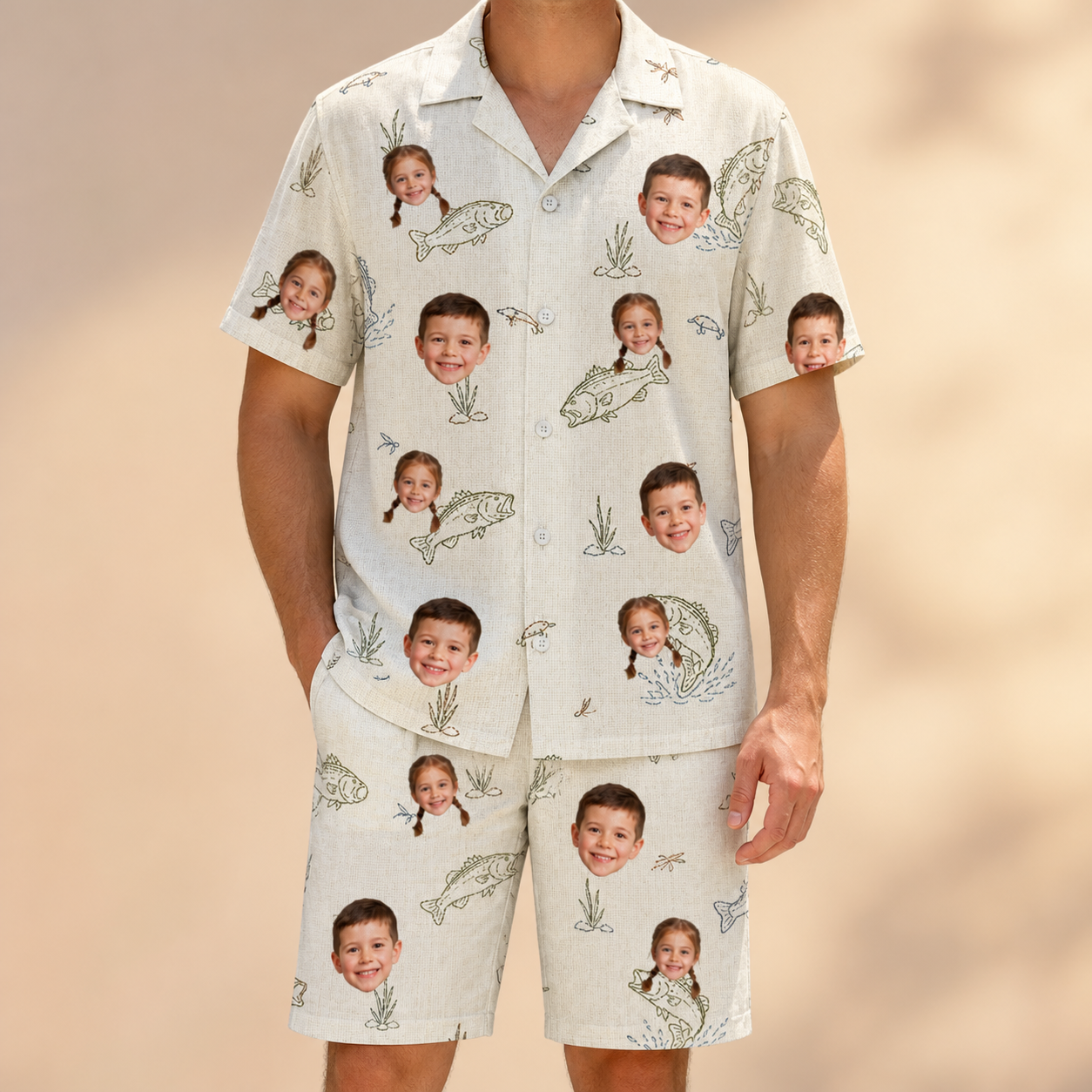 Model wearing Men's Bass Bash Custom Face Shirt & Shorts Set printed with kids' faces