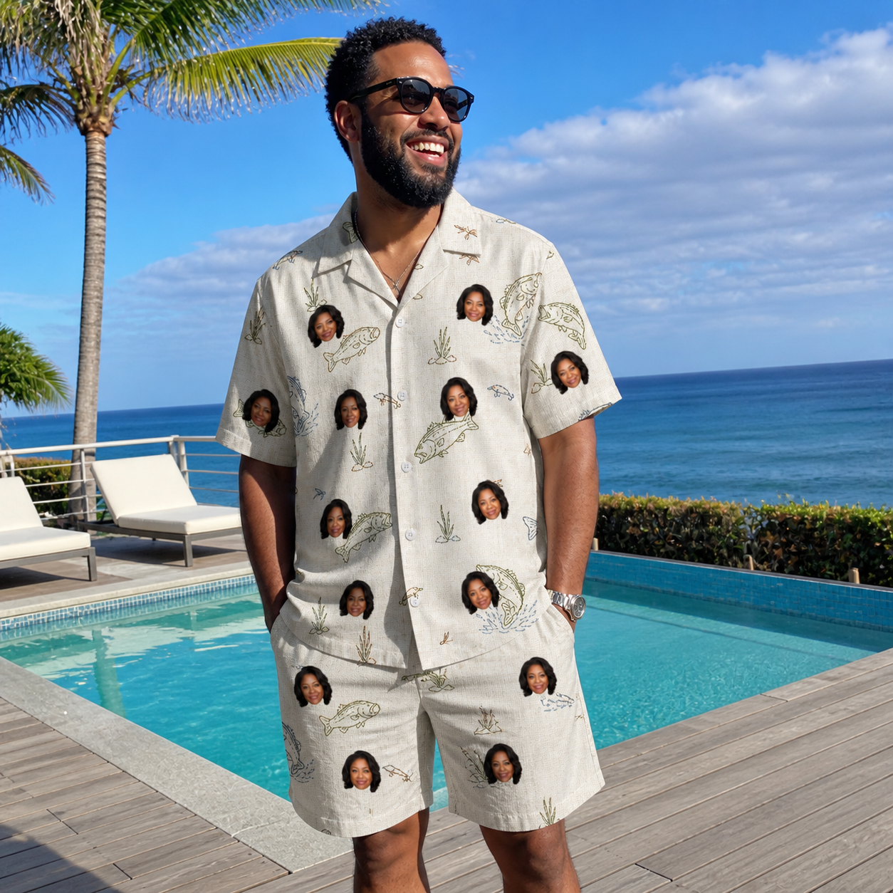 Real-life photo of someone wearing Men's Bass Bash Custom Face Shirt & Shorts Set — custom faces printed all-over