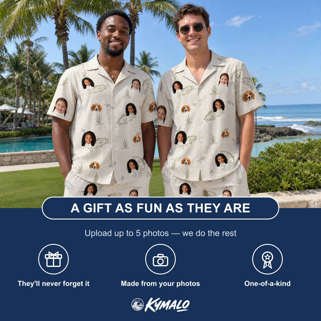 Friends in matching Men's Bass Bash Custom Face Shirt & Shorts Set — a group gift photo