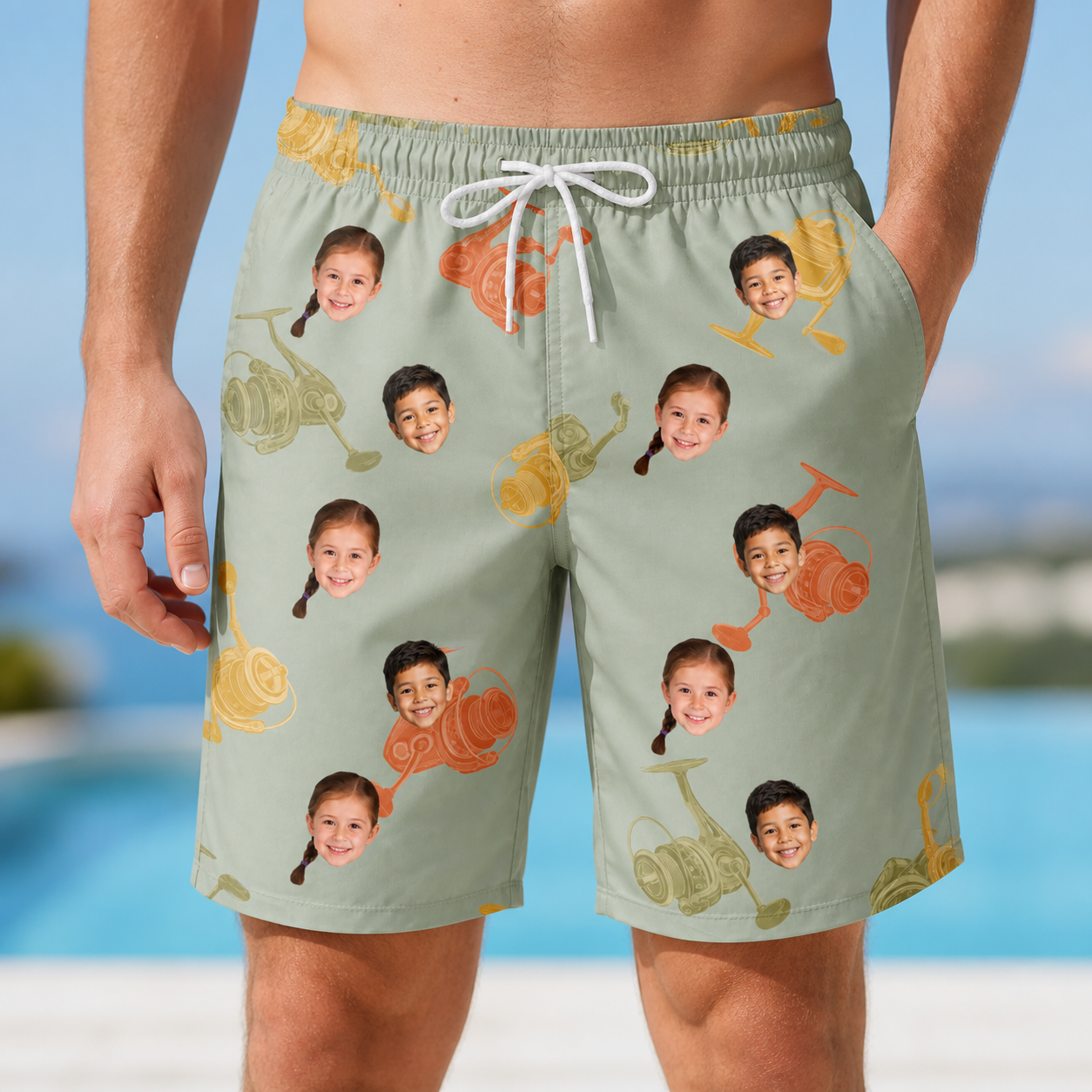 Model wearing Men's Bait Ballet Custom Face Beach Shorts printed with kids' faces