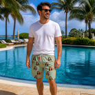 Real-life photo of someone wearing Men's Bait Ballet Custom Face Beach Shorts — custom faces printed all-over