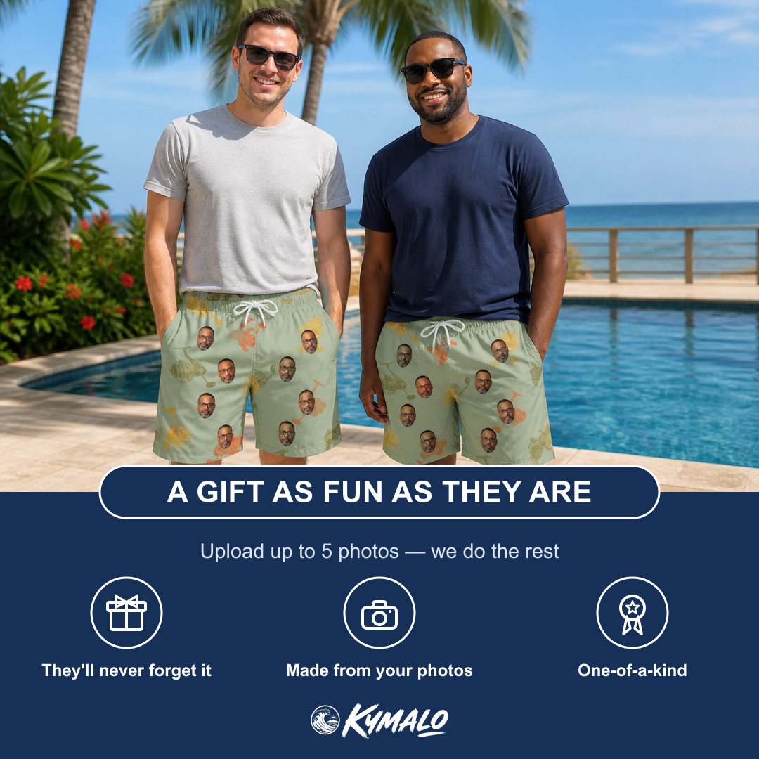 Friends in matching Men's Bait Ballet Custom Face Beach Shorts — a group gift photo
