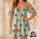 Woman wearing Women's Bait Ballet Custom Face Off-Shoulder Dress — custom faces printed all-over