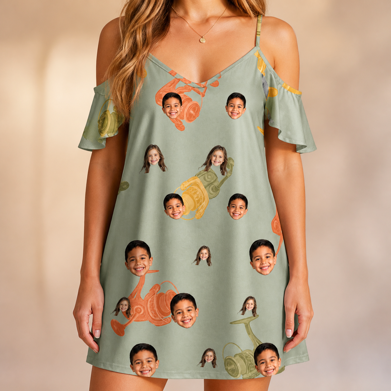 Model wearing Women's Bait Ballet Custom Face Off-Shoulder Dress printed with kids' faces