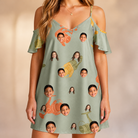 Model wearing Women's Bait Ballet Custom Face Off-Shoulder Dress printed with kids' faces