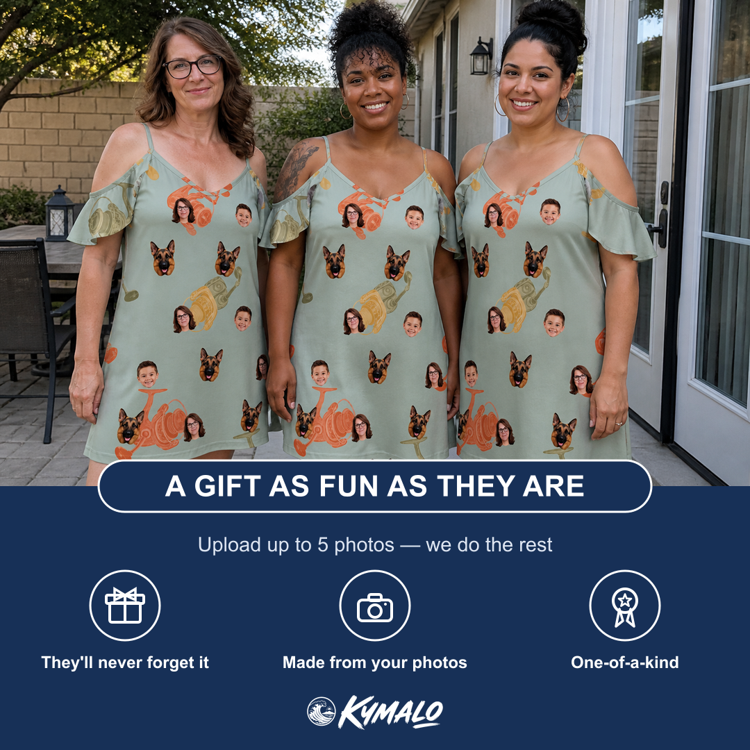 Friends in matching Women's Bait Ballet Custom Face Off-Shoulder Dress — a group gift photo
