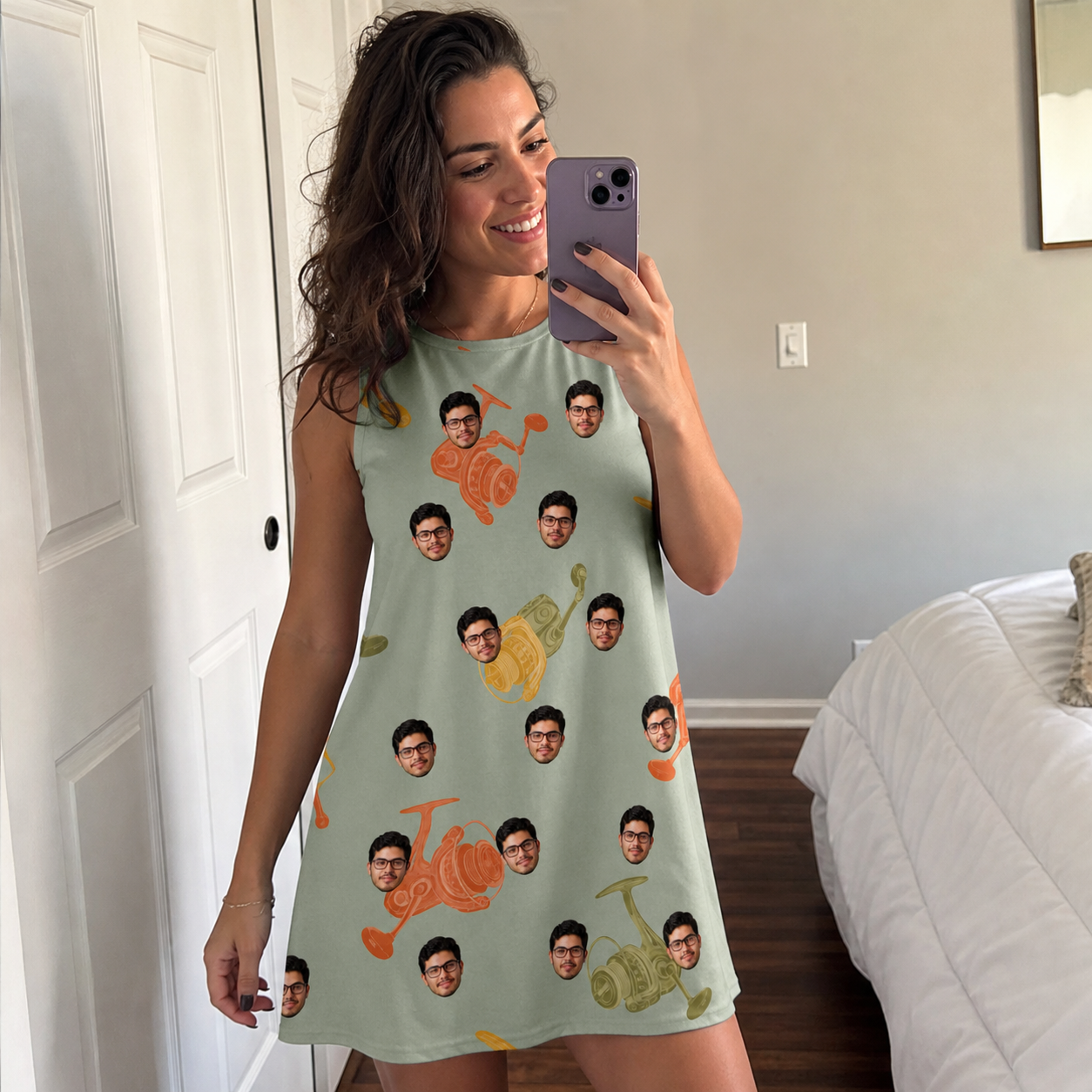 Real-life photo of someone wearing Women's Bait Ballet Custom Face Tank Dress — custom faces printed all-over