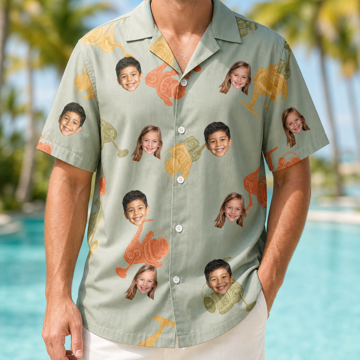 Model wearing Men's Bait Ballet Custom Face Hawaiian Shirt printed with kids' faces