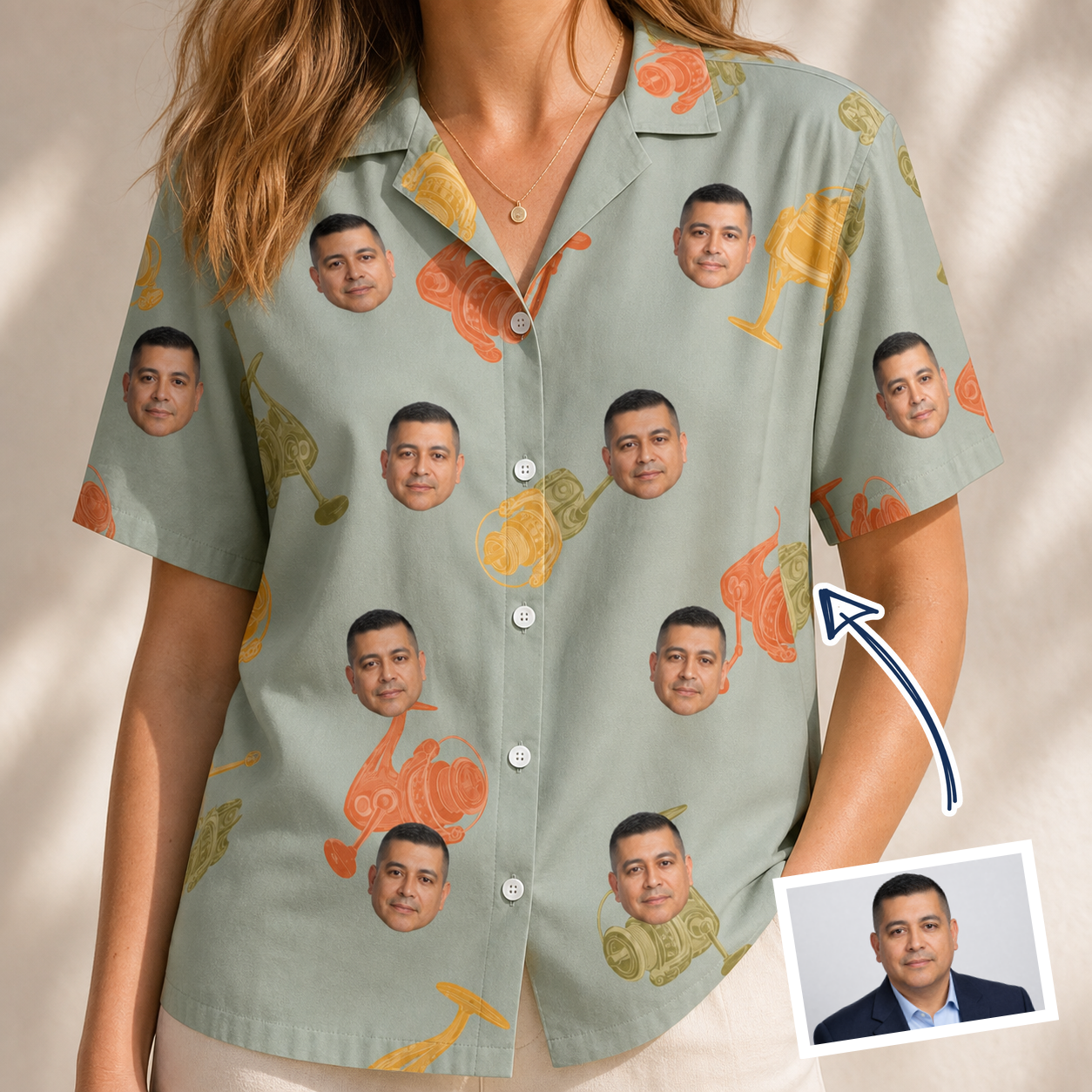 Woman wearing Women's Bait Ballet Custom Face Hawaiian Shirt — custom faces printed all-over