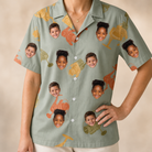 Model wearing Women's Bait Ballet Custom Face Hawaiian Shirt printed with kids' faces