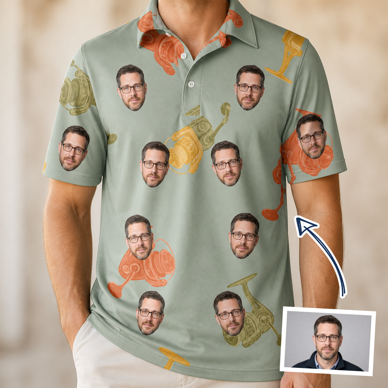 Man wearing Men's Bait Ballet Custom Face Polo Shirt — custom faces printed all-over