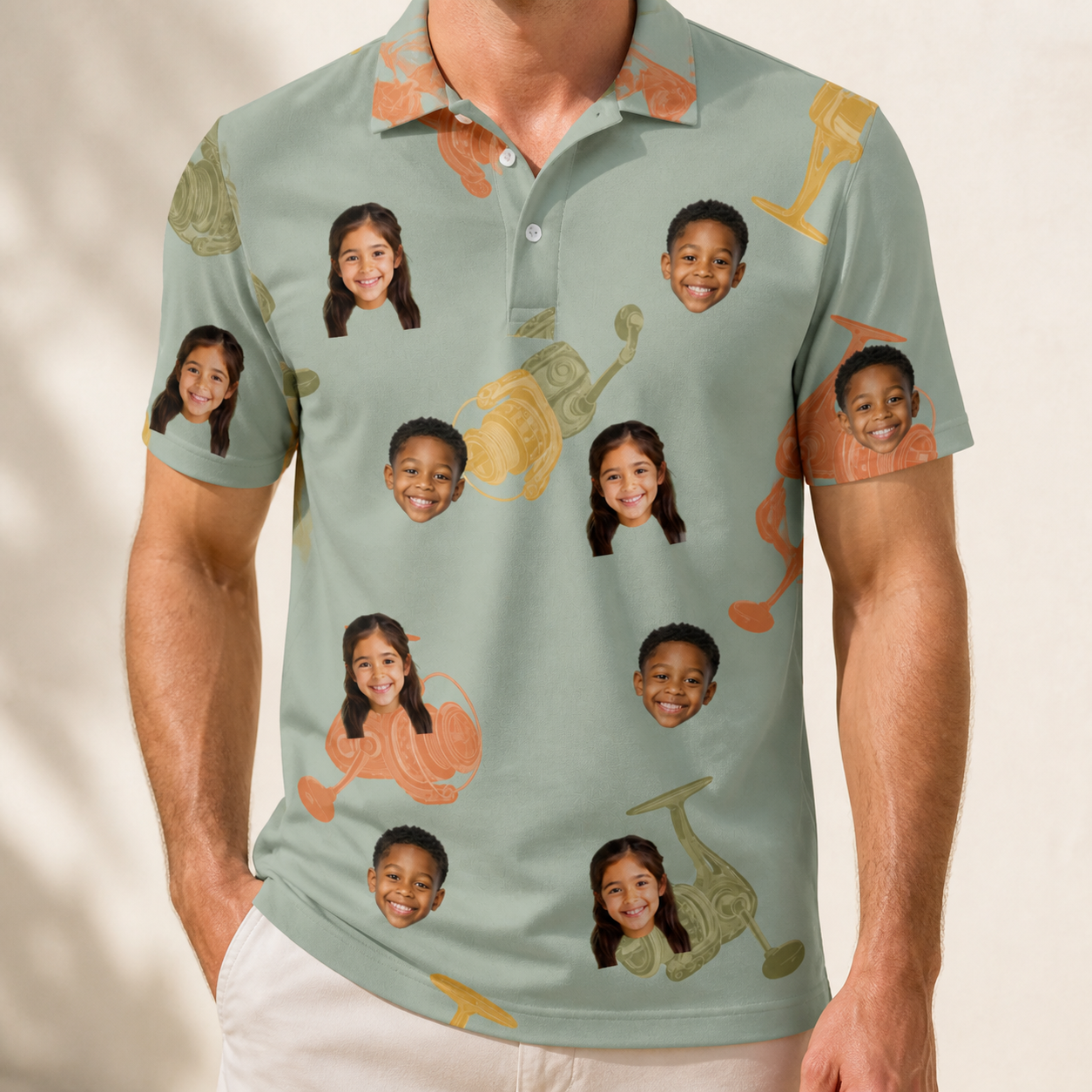 Model wearing Men's Bait Ballet Custom Face Polo Shirt printed with kids' faces