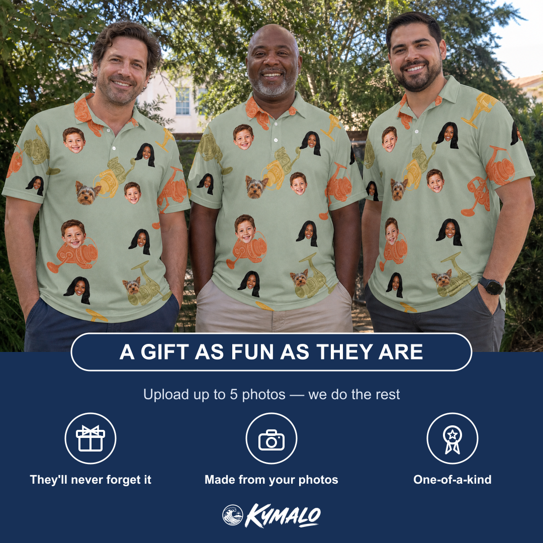 Friends in matching Men's Bait Ballet Custom Face Polo Shirt — a group gift photo