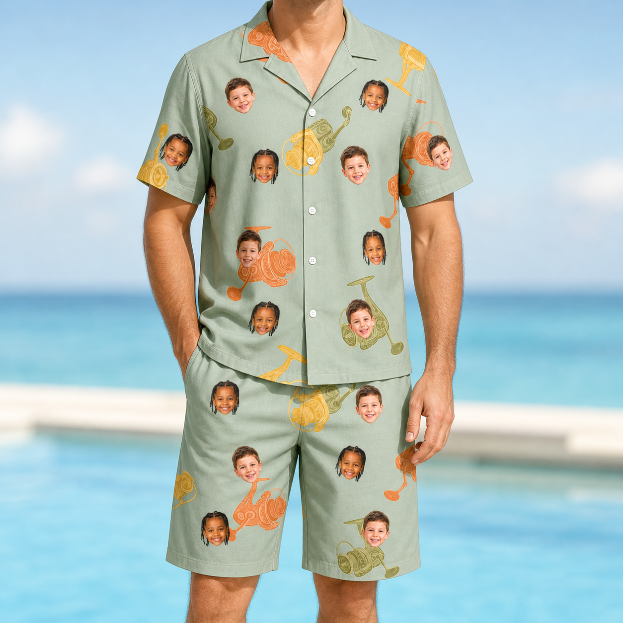 Model wearing Men's Bait Ballet Custom Face Shirt & Shorts Set printed with kids' faces