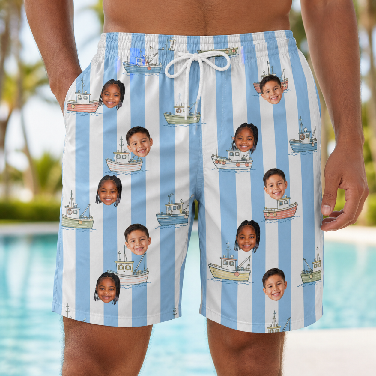 Model wearing Men's Dockside Drifters Custom Face Beach Shorts printed with kids' faces