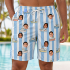 Model wearing Men's Dockside Drifters Custom Face Beach Shorts printed with kids' faces
