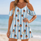 Model wearing Women's Dockside Drifters Custom Face Off-Shoulder Dress printed with kids' faces