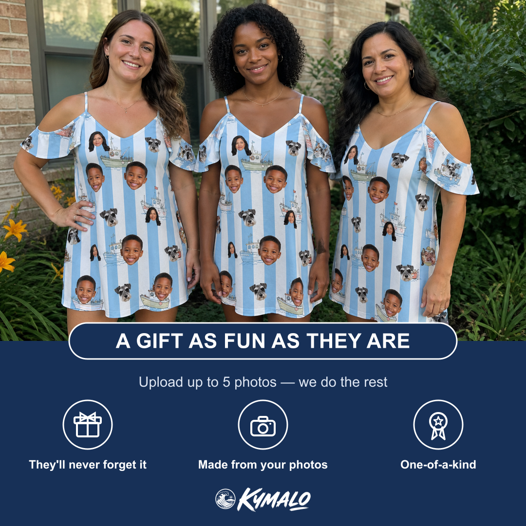 Friends in matching Women's Dockside Drifters Custom Face Off-Shoulder Dress — a group gift photo