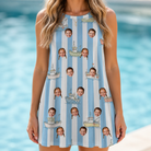 Model wearing Women's Dockside Drifters Custom Face Tank Dress printed with kids' faces